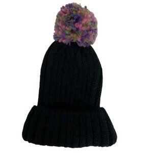 NEW Nordstrom BP Black Pom Pom Toque Beanie Hat Ribbed Knit One Size Womens NWOT